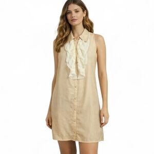 Twelve by Twelve 100% Silk Sleeveless Ruffle Front Shirt Dress–Champagne. Size M